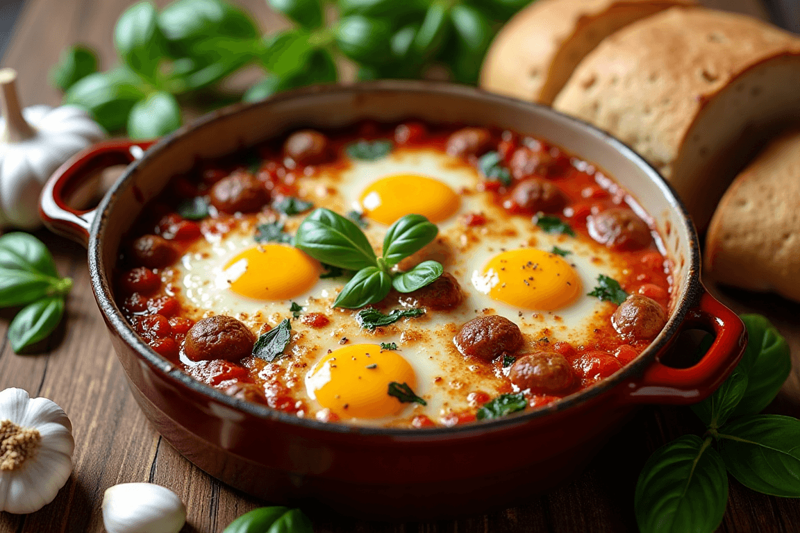 Italian Baked Eggs & Sausage Italian baked eggs with sausage in a rustic dish.