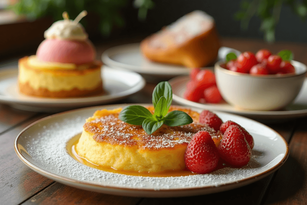 An outdoor Italian breakfast scene featuring a cappuccino, a jam-filled cornetto, freshly squeezed orange juice, and a vase with flowers on a sunny terrace overlooking the Italian countryside.