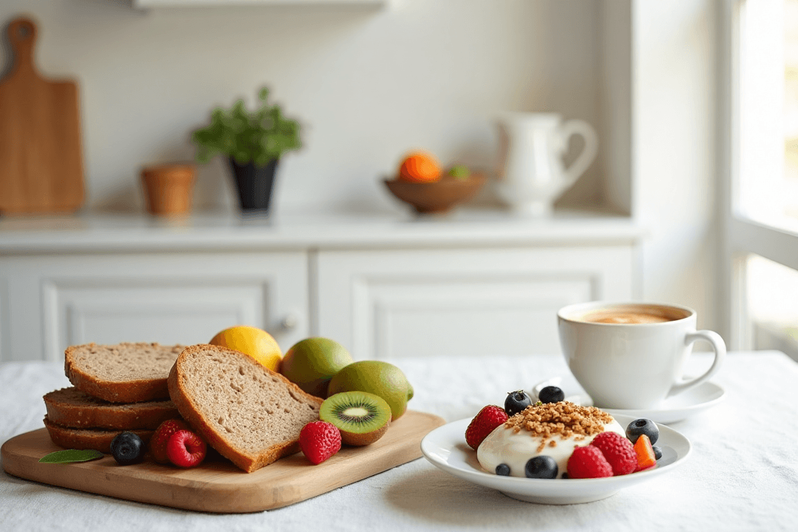 Authentic Italian Breakfast.A modern Italian breakfast with whole-grain bread, fresh fruits like berries and kiwis, yogurt topped with granola and honey, and a cup of almond milk cappuccino on a minimalist kitchen counter.