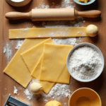 Overhead view of essential pasta-making tools, including a rolling pin, mixing bowl, pasta cutter, and flour on a wooden countertop, with optional tools like a pasta machine and ravioli mold
