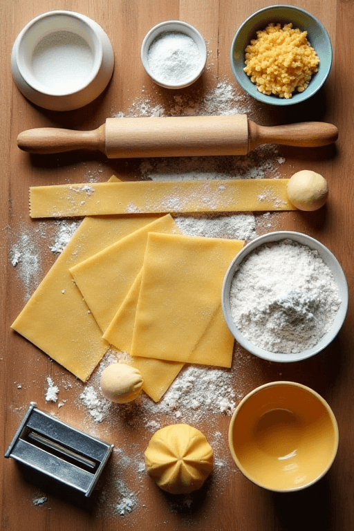 Overhead view of essential pasta-making tools, including a rolling pin, mixing bowl, pasta cutter, and flour on a wooden countertop, with optional tools like a pasta machine and ravioli mold