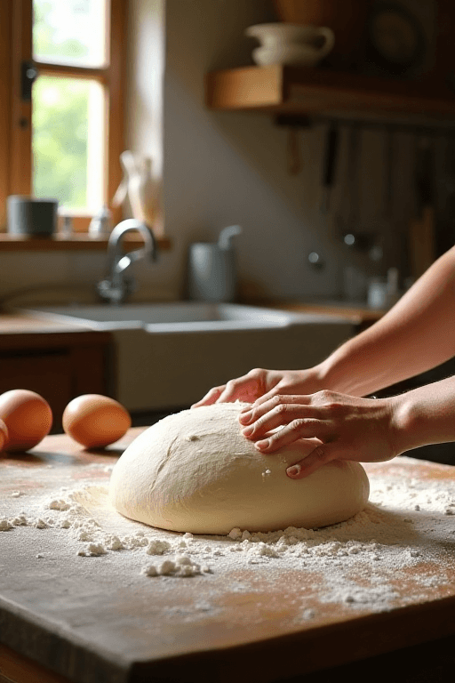 Hands kneading pasta dough on a floured wooden countertop with eggs and flour in a rustic Italian kitchen setting