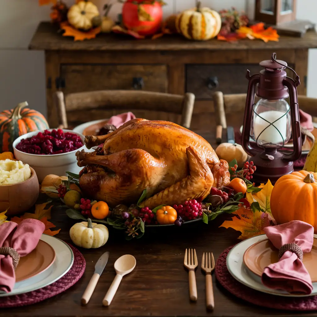 A beautifully set Thanksgiving table with a roasted turkey and a bowl of cranberry sauce, accompanied by autumn-themed decorations.