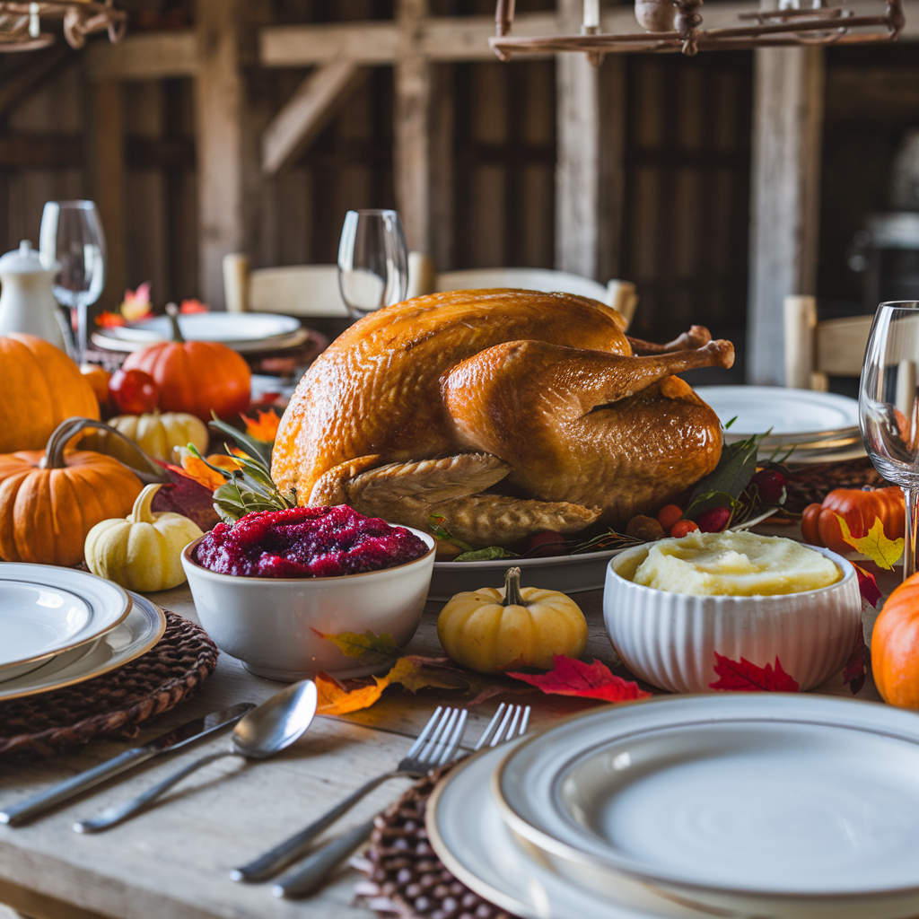 A beautifully set Thanksgiving table with a roasted turkey and a bowl of cranberry sauce, accompanied by autumn-themed decorations.