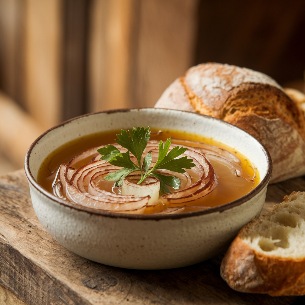 A bowl of clear onion soup with parsley garnish and crusty bread, showcasing its light and flavorful presentation.