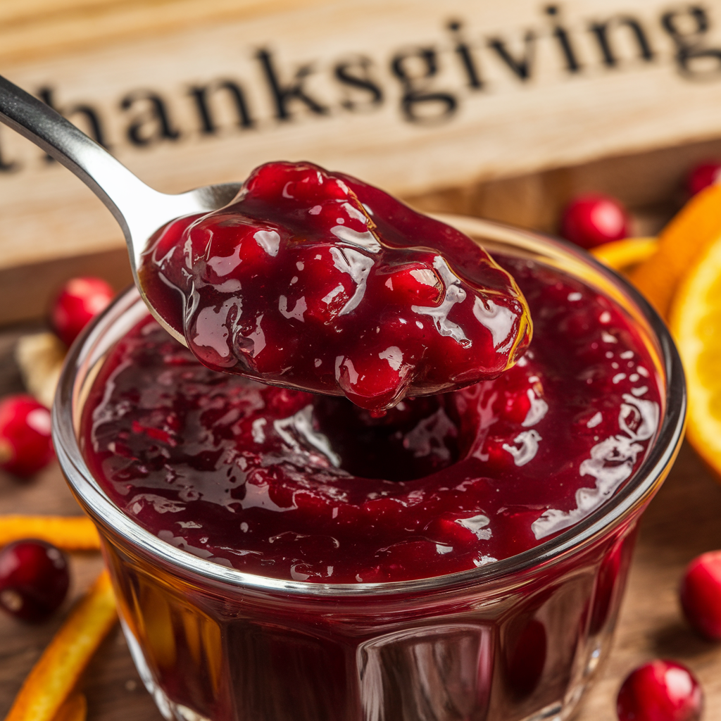 A close-up of a spoon lifting cranberry sauce from a bowl, showcasing its rich red color and fresh ingredients like cranberries and orange zest.