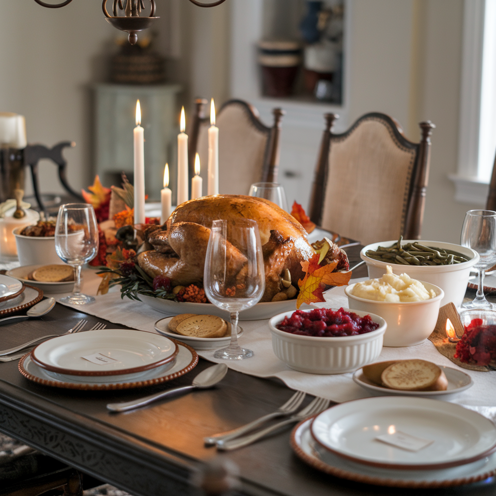 A festive Thanksgiving table featuring a roasted turkey, cranberry sauce, and side dishes, creating a warm and inviting setting.