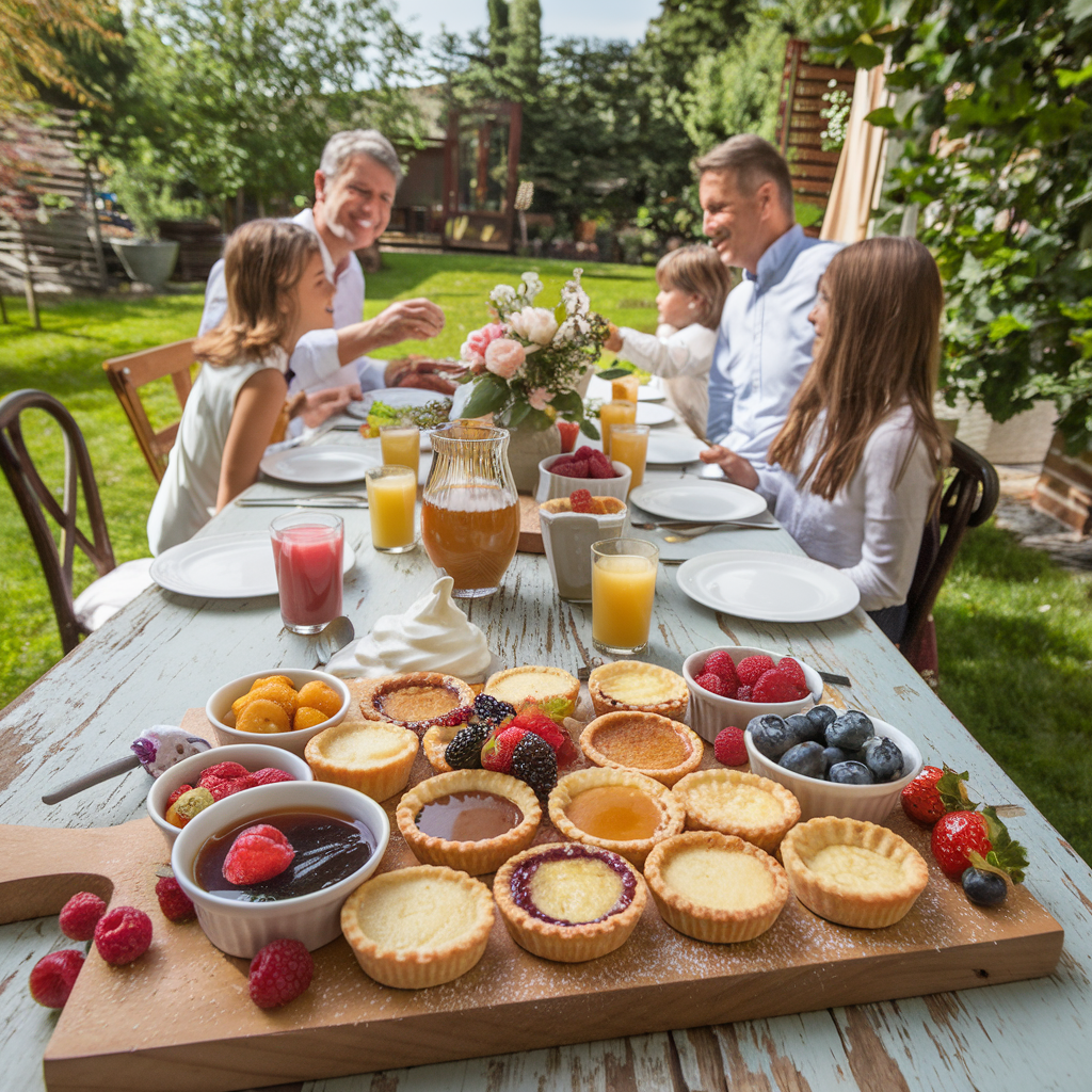 A brunch board with mini pancakes, fruits, and syrups.
