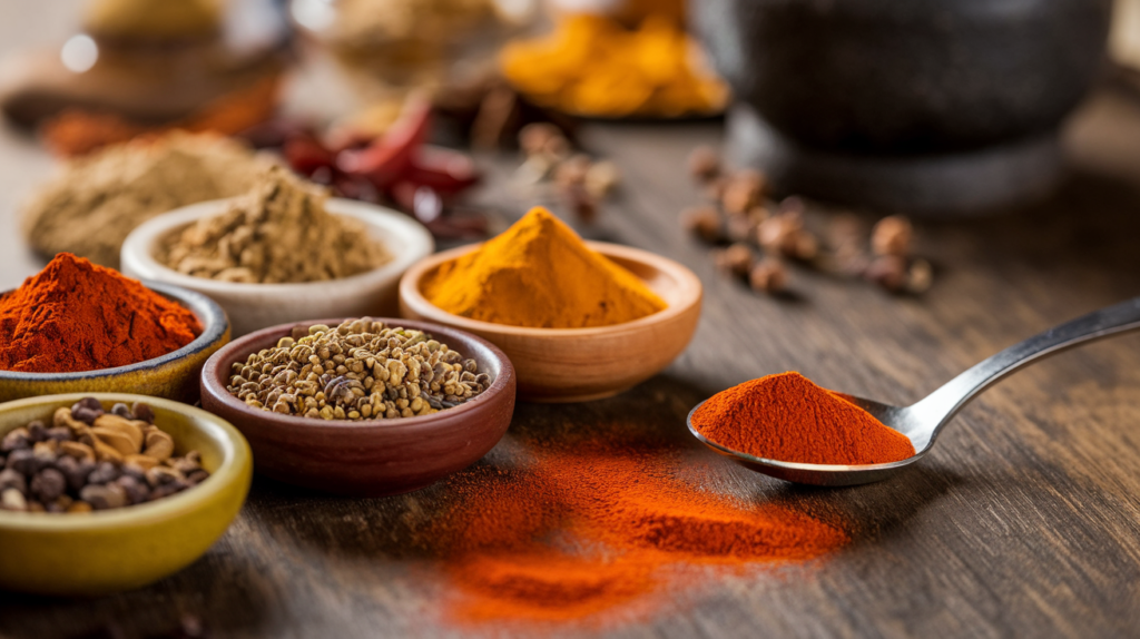 Bowls of spices like paprika, cumin, and curry powder.
