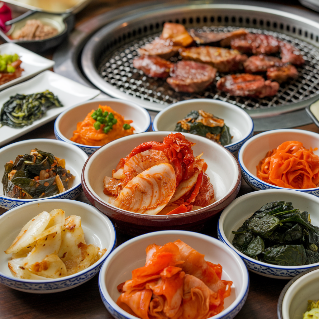 A spread of traditional Korean banchan on a table.