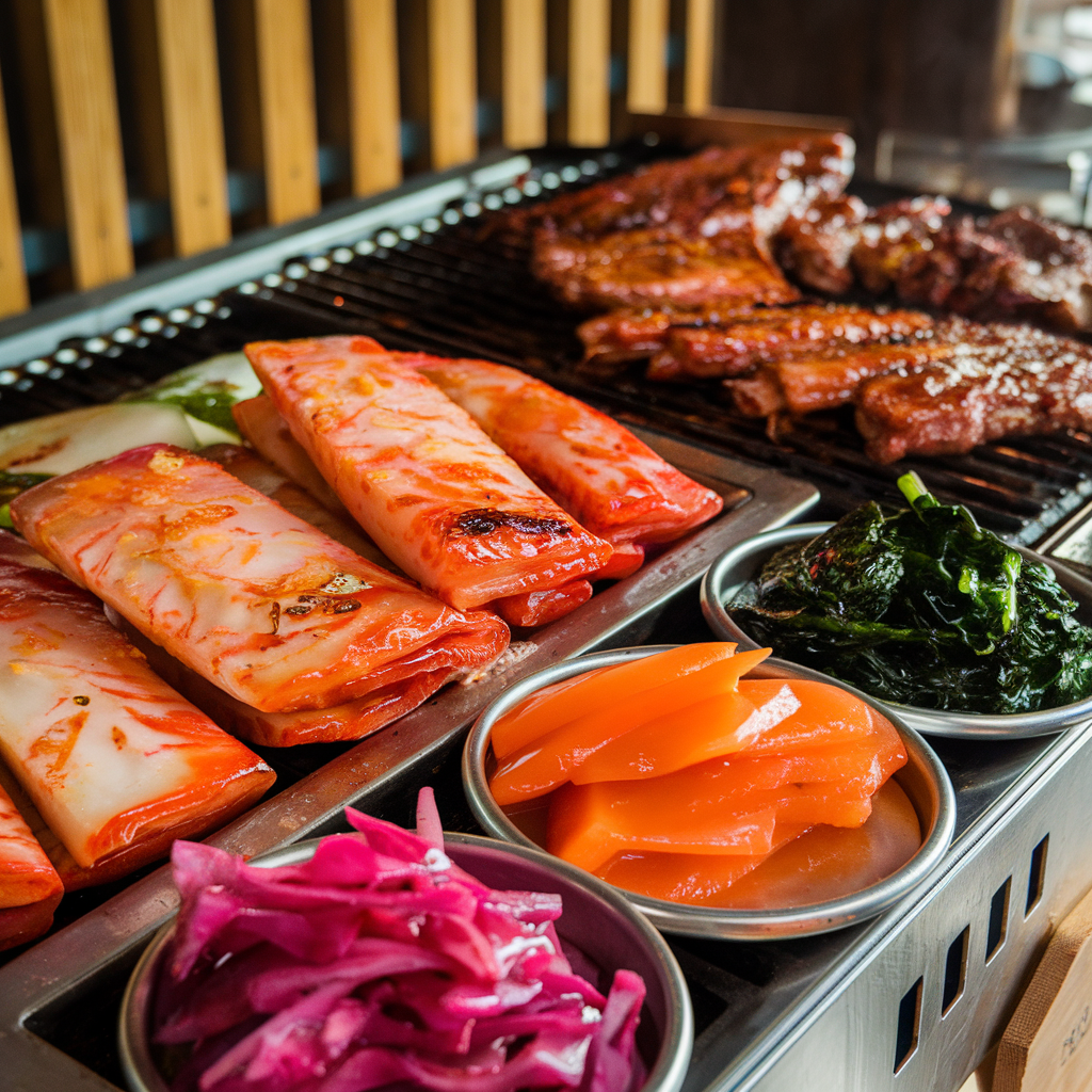 : A colorful assortment of banchan, including kimchi, pickled radish, and spinach, accompanying the Korean BBQ.