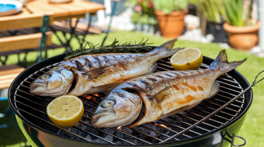 Whole branzinos cooking on a charcoal grill with lemon and herbs.
