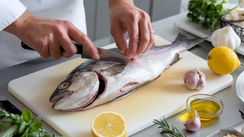 Chef cleaning a fresh branzino surrounded by ingredients for grilling.