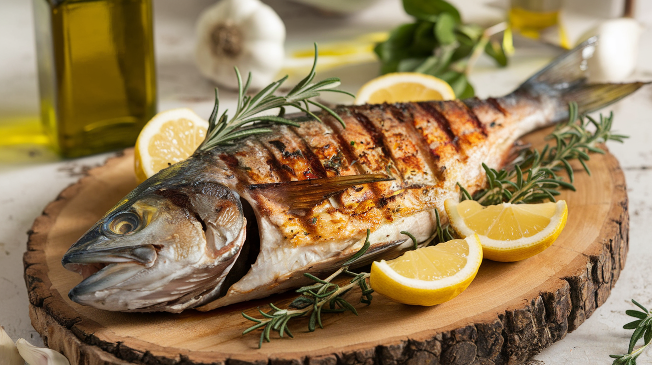 Grilled branzino garnished with lemon and rosemary on a wooden platter.