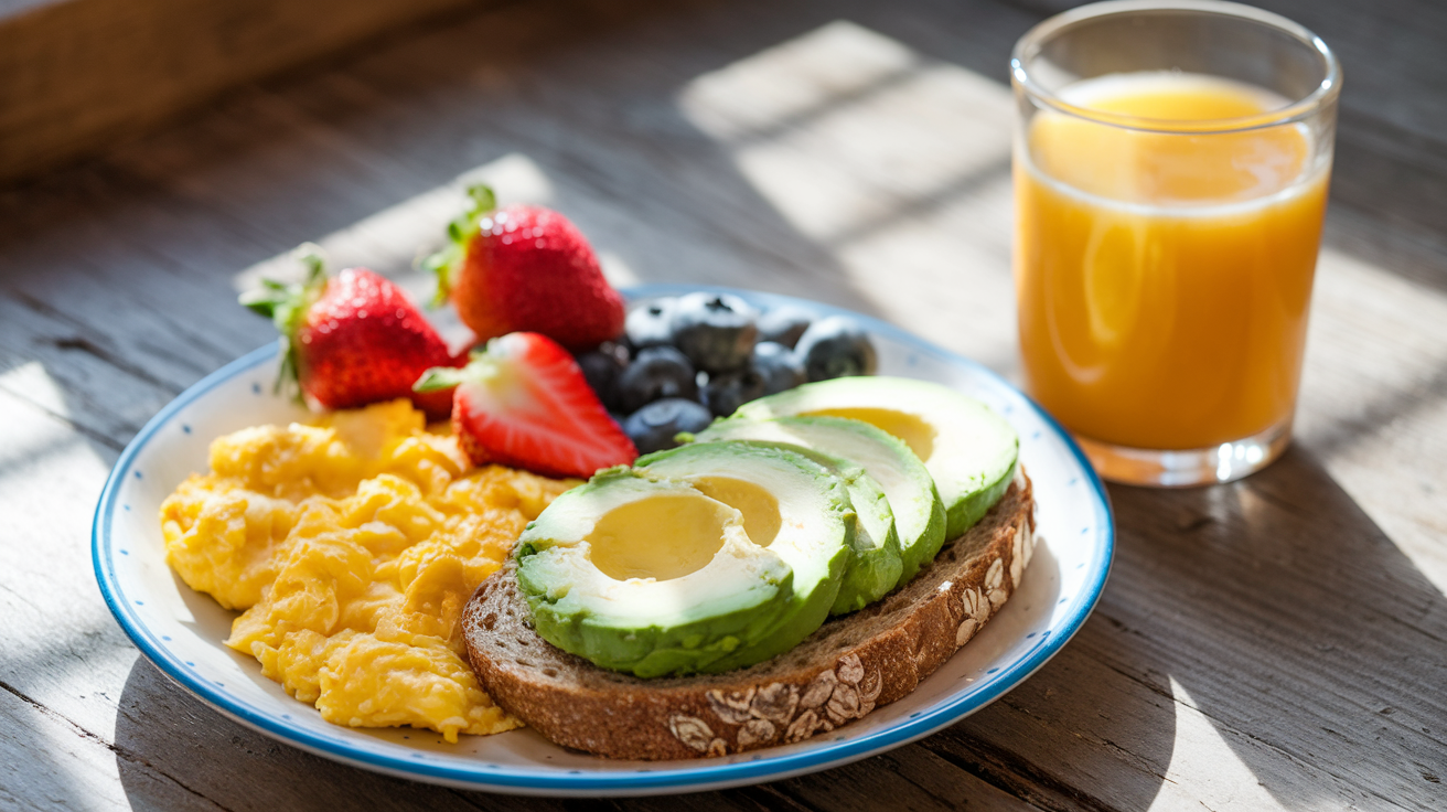 Balanced breakfast plate with scrambled eggs, avocado toast, fruit, and orange juice