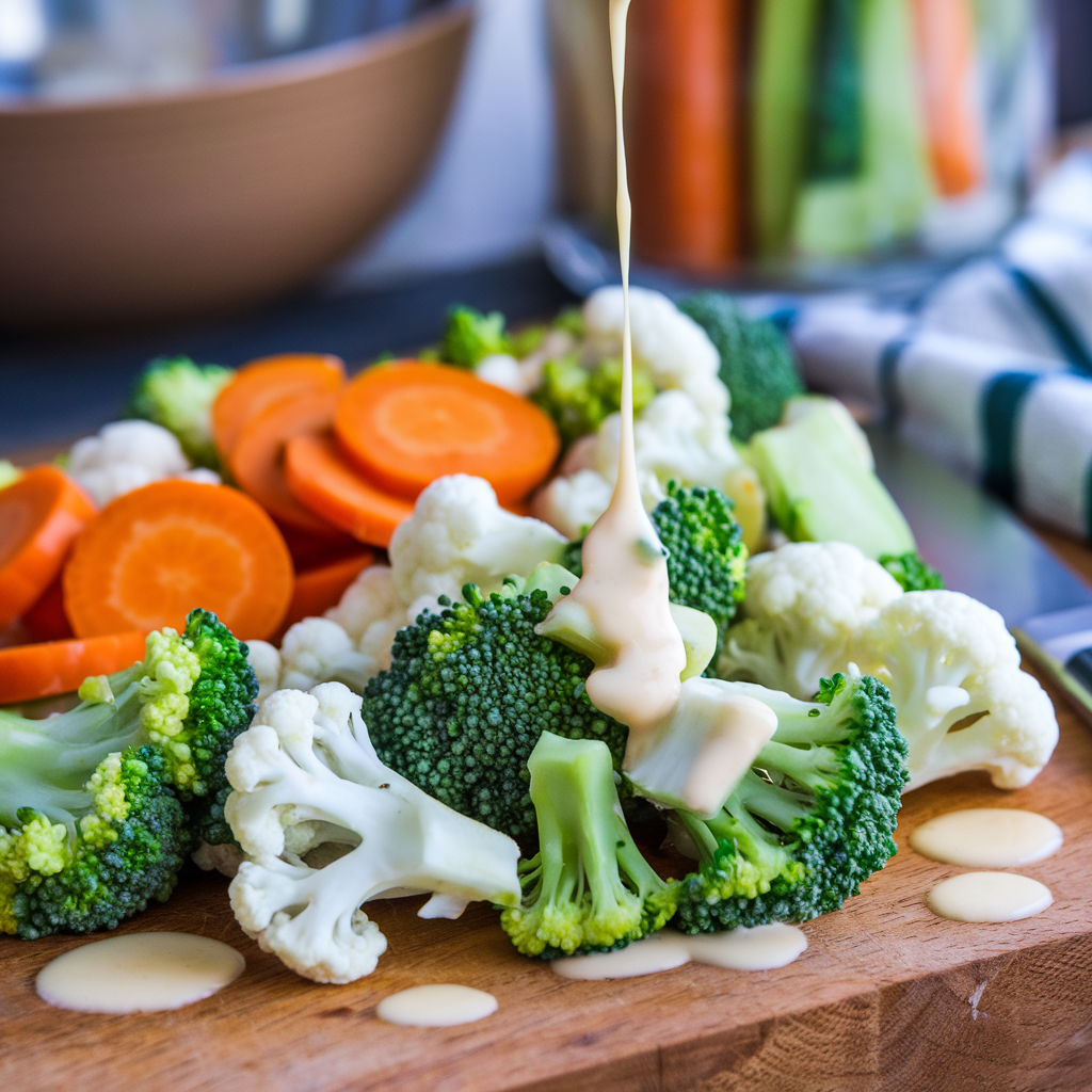 Fresh broccoli and cauliflower florets with sliced carrots and dressing on a cutting board.