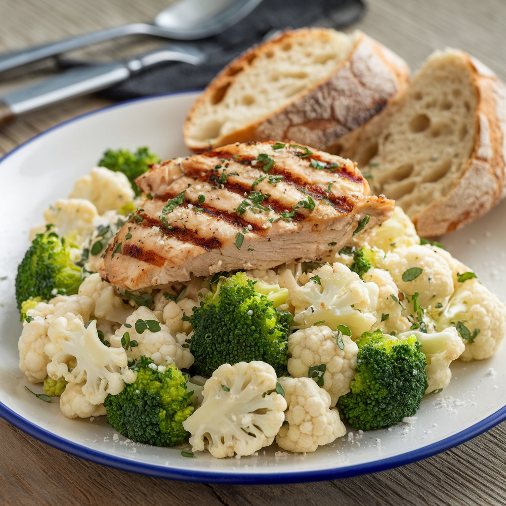 Broccoli cauliflower salad served with grilled chicken, bread, and garnished with Parmesan cheese.