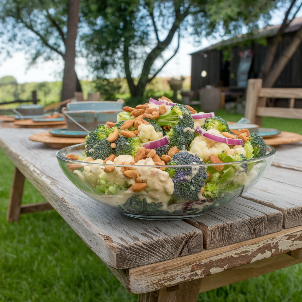 A bowl of broccoli cauliflower salad with fresh vegetables, nuts, and a creamy dressing