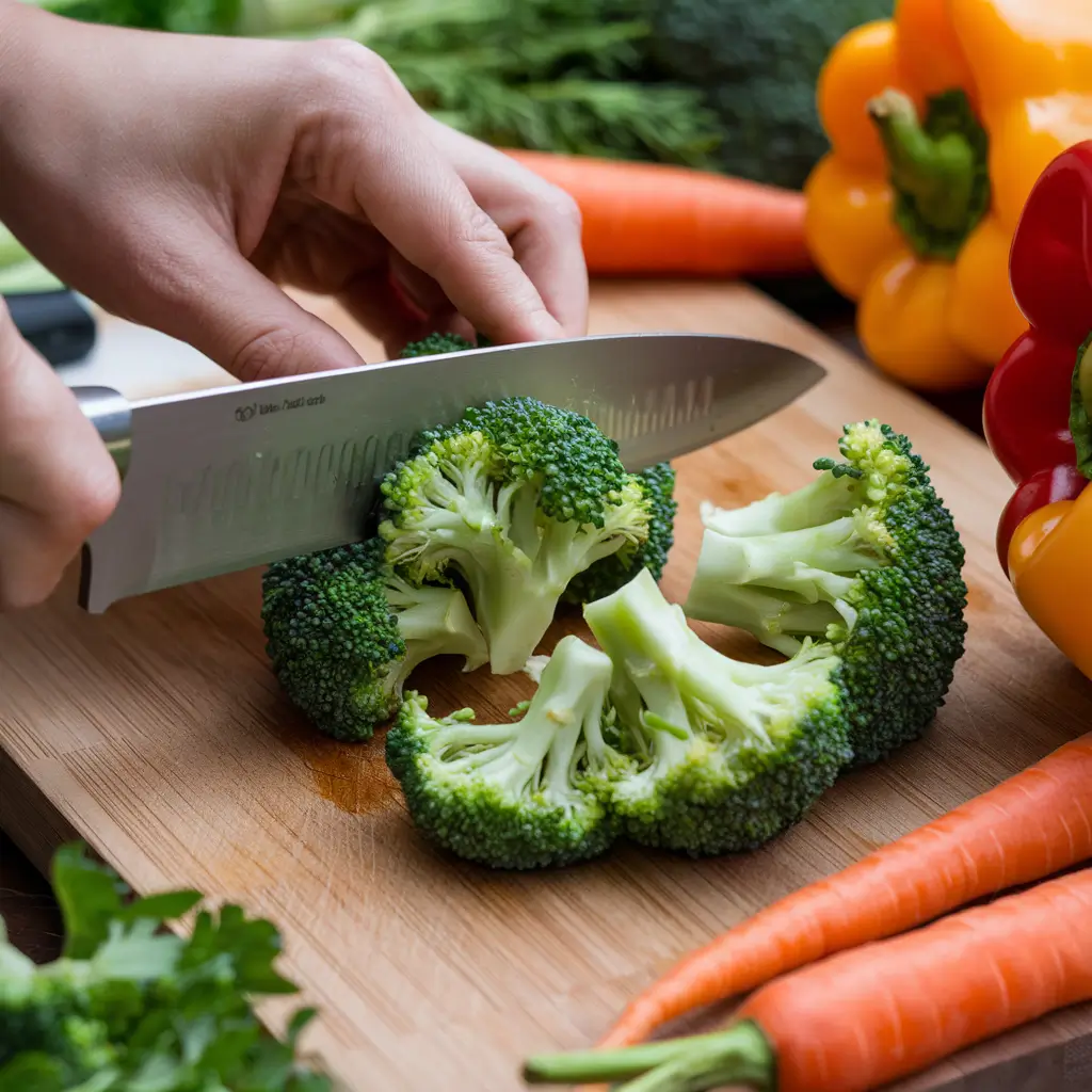 A person slicing broccoli florets on a wooden cutting board.