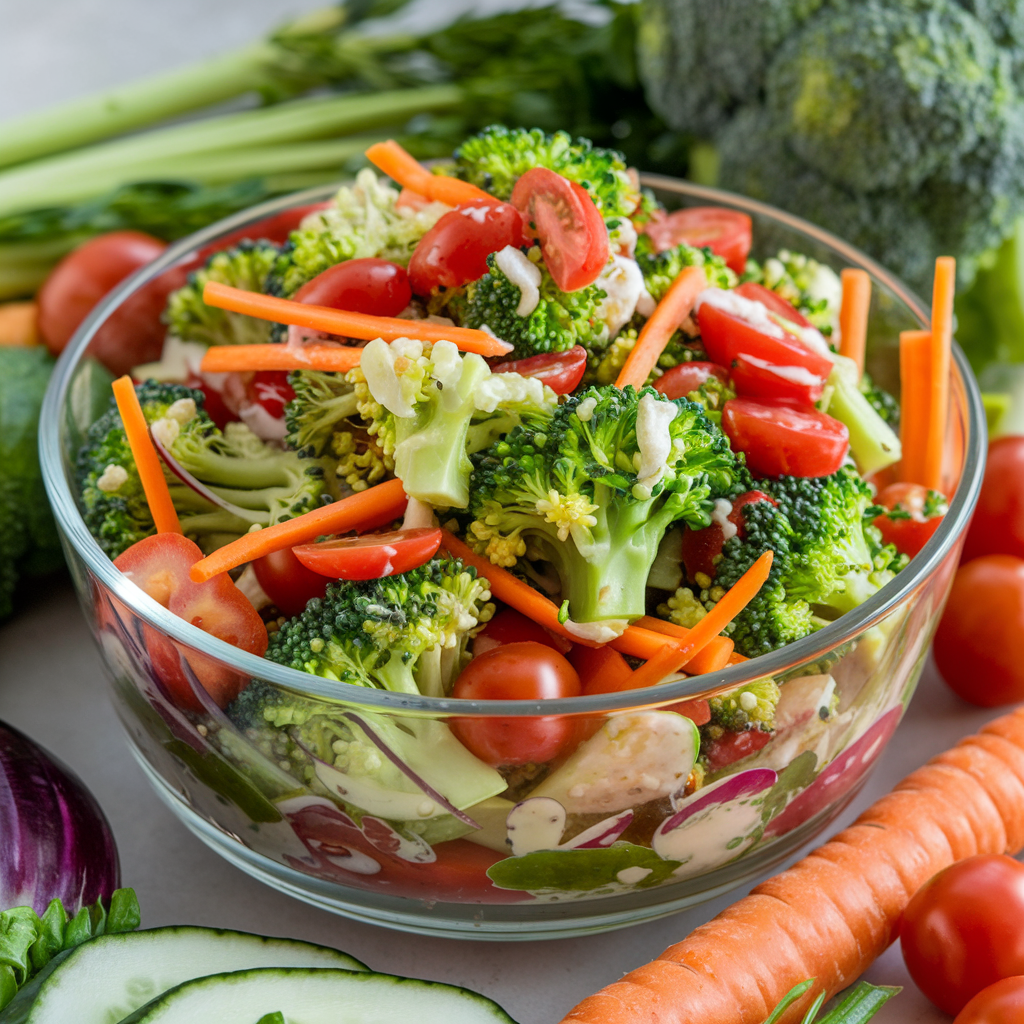 A vibrant bowl of salad with raw broccoli florets, colorful vegetables, and a light dressing