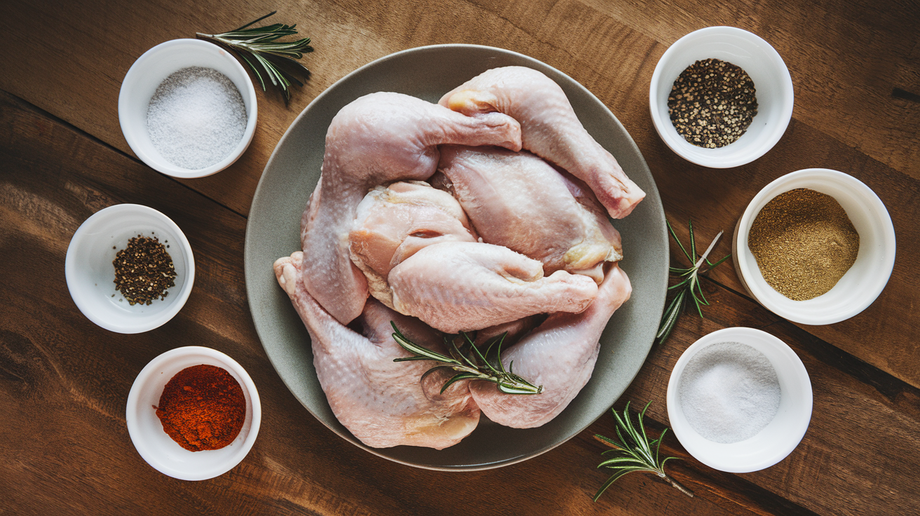 Fresh chicken with bowls of classic seasonings like salt, pepper, garlic powder, and paprika on a rustic wooden countertop.