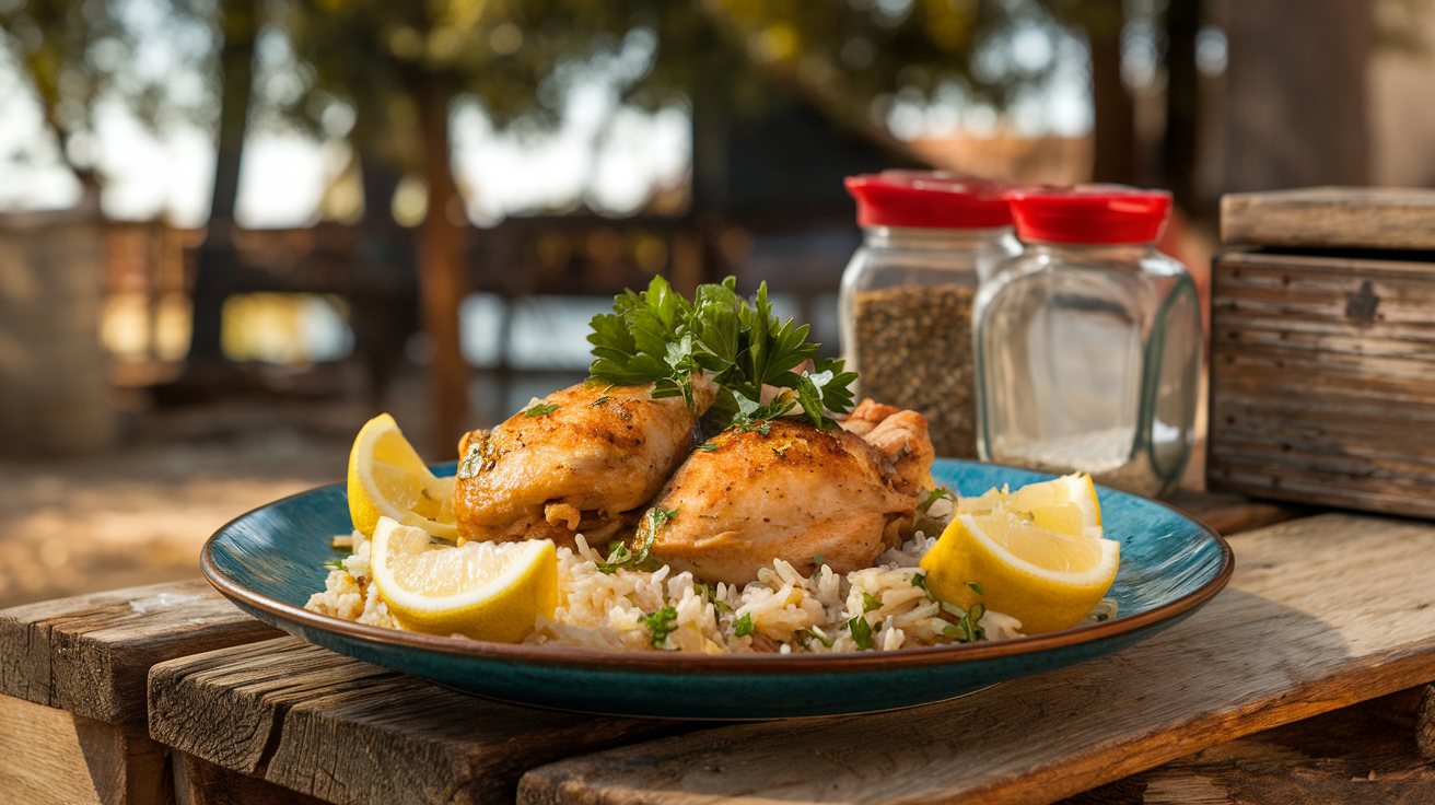 A plate of chicken and rice garnished with fresh parsley and lemon