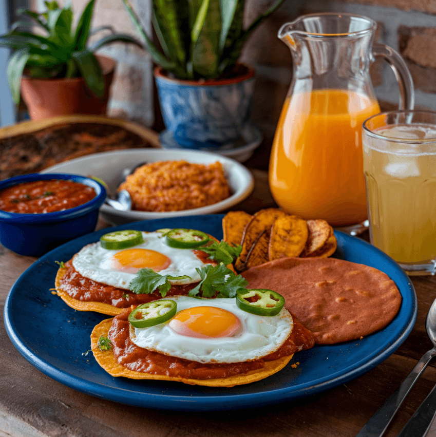 A rustic breakfast plate featuring huevos divorciados (one egg with red salsa and the other with green salsa), accompanied by Mexican-style rice, black beans, and freshly made guacamole. The scene includes a background of a sunny kitchen with traditional Mexican pottery.
