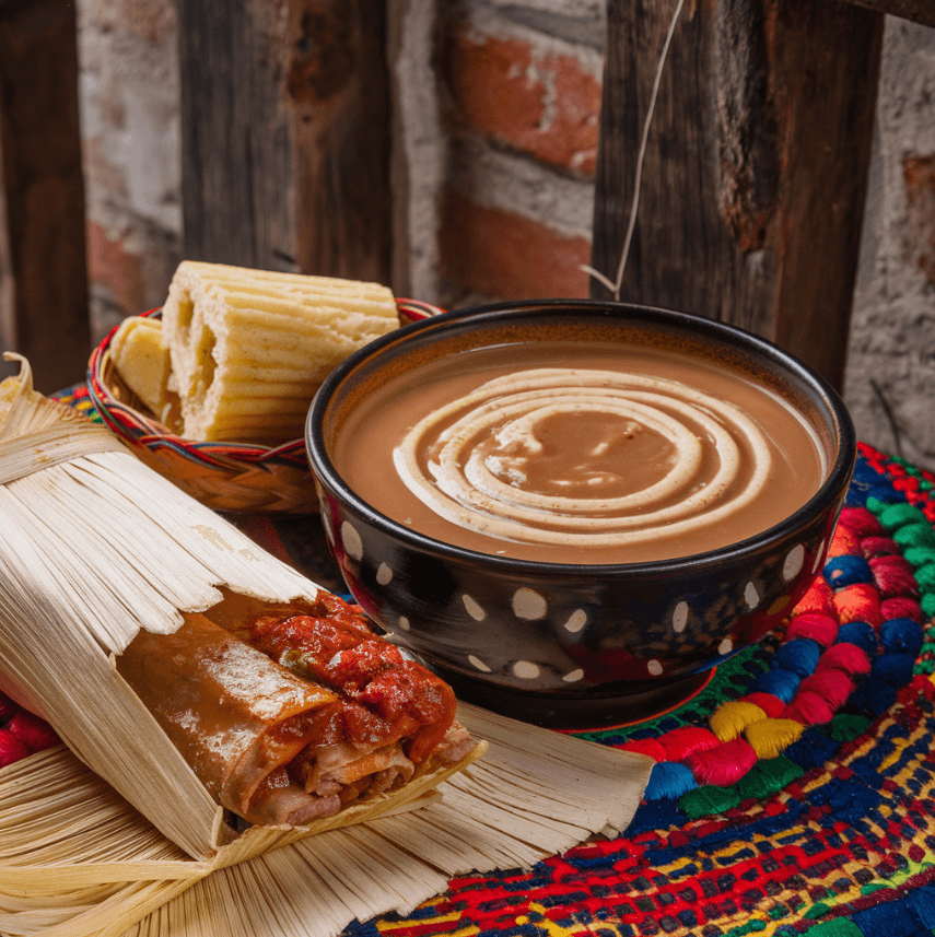 A cozy breakfast spread of tamales in various flavors (green salsa, red salsa, and sweet corn) served on a wooden platter. The table is adorned with colorful Mexican ceramics, a pot of hot chocolate with a wooden molinillo, and a jar of honey.Let me know if you'd like to refine any of these prompts!