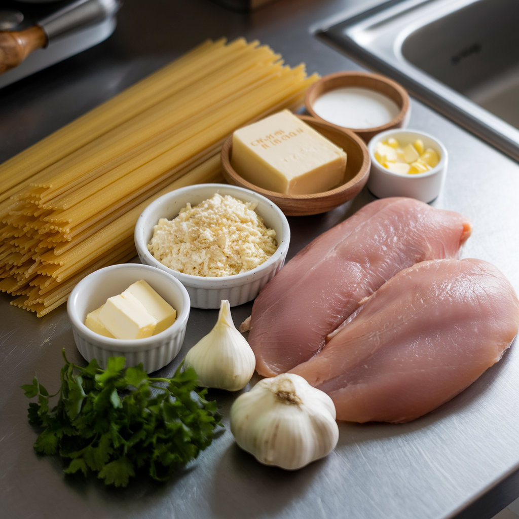 Chicken Fettuccine Alfredo paired with garlic bread, Caesar salad, and a glass of white wine on a cozy dining table