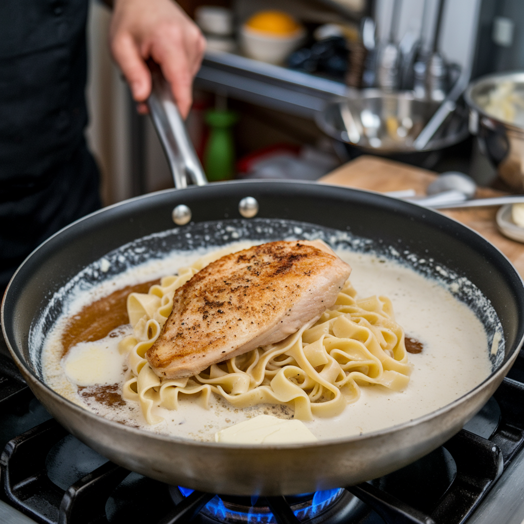 Flat lay of ingredients for Chicken Fettuccine Alfredo, including uncooked pasta, raw chicken, Parmesan cheese, butter, garlic, cream, and parsley