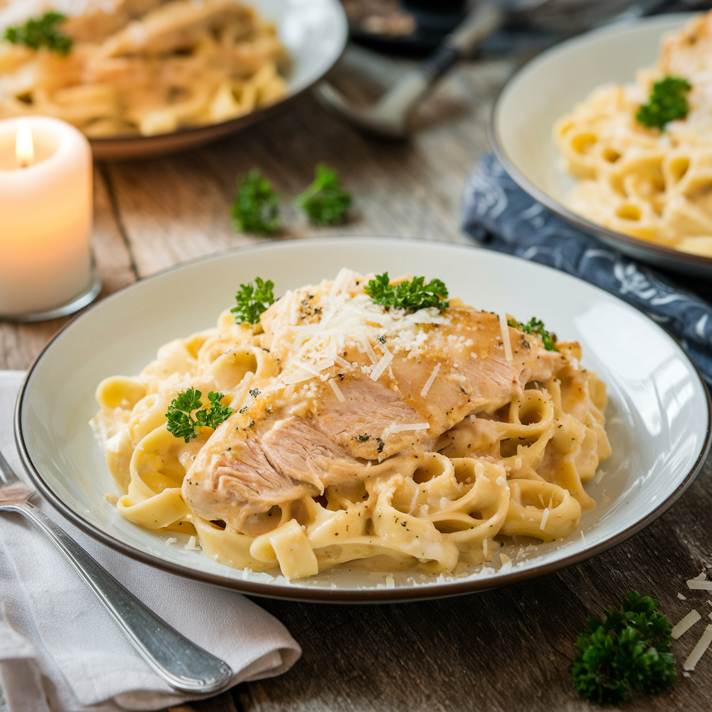 Chicken Fettuccine Alfredo with added broccoli and mushrooms, presented on a vibrant plate in a modern kitchen.