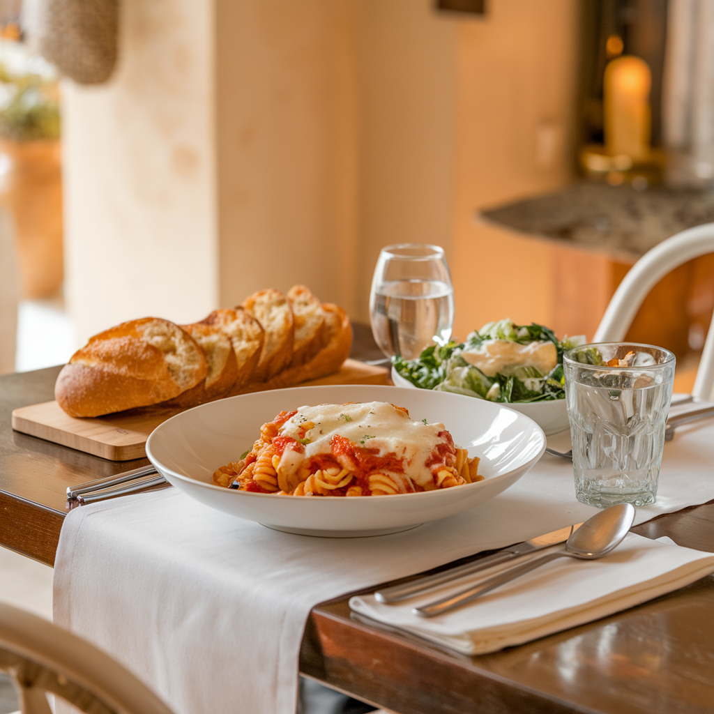 Chicken Fettuccine Alfredo served on a white plate, garnished with fresh parsley and grated Parmesan cheese on a wooden table.