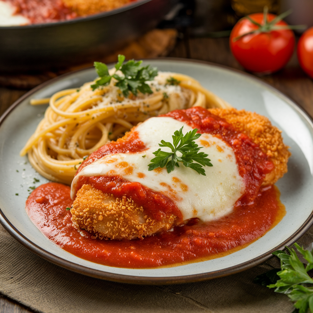 Plated Chicken Parmigiana with crispy breading, marinara sauce, melted cheese, and spaghetti, garnished with parsley.