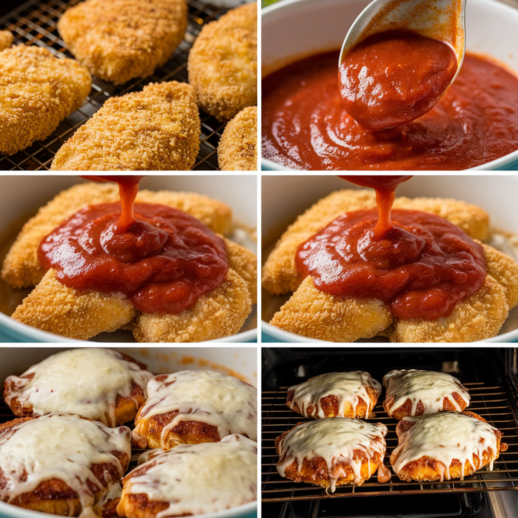 Collage of Chicken Parmigiana preparation steps: frying breaded chicken, adding marinara sauce, and baking with melted cheese.