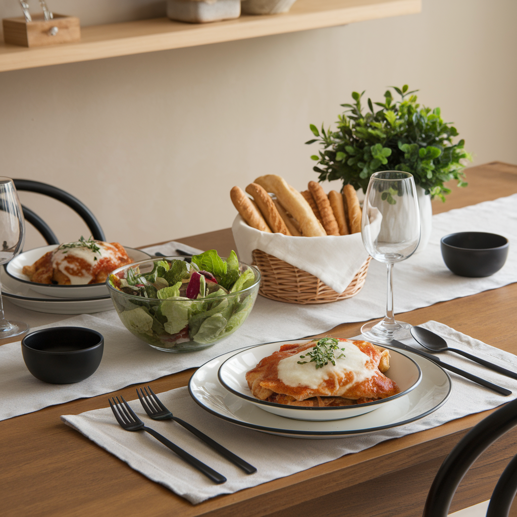 Dinner table featuring Chicken Parmigiana with a glass of Chianti wine, a fresh garden salad, and breadsticks