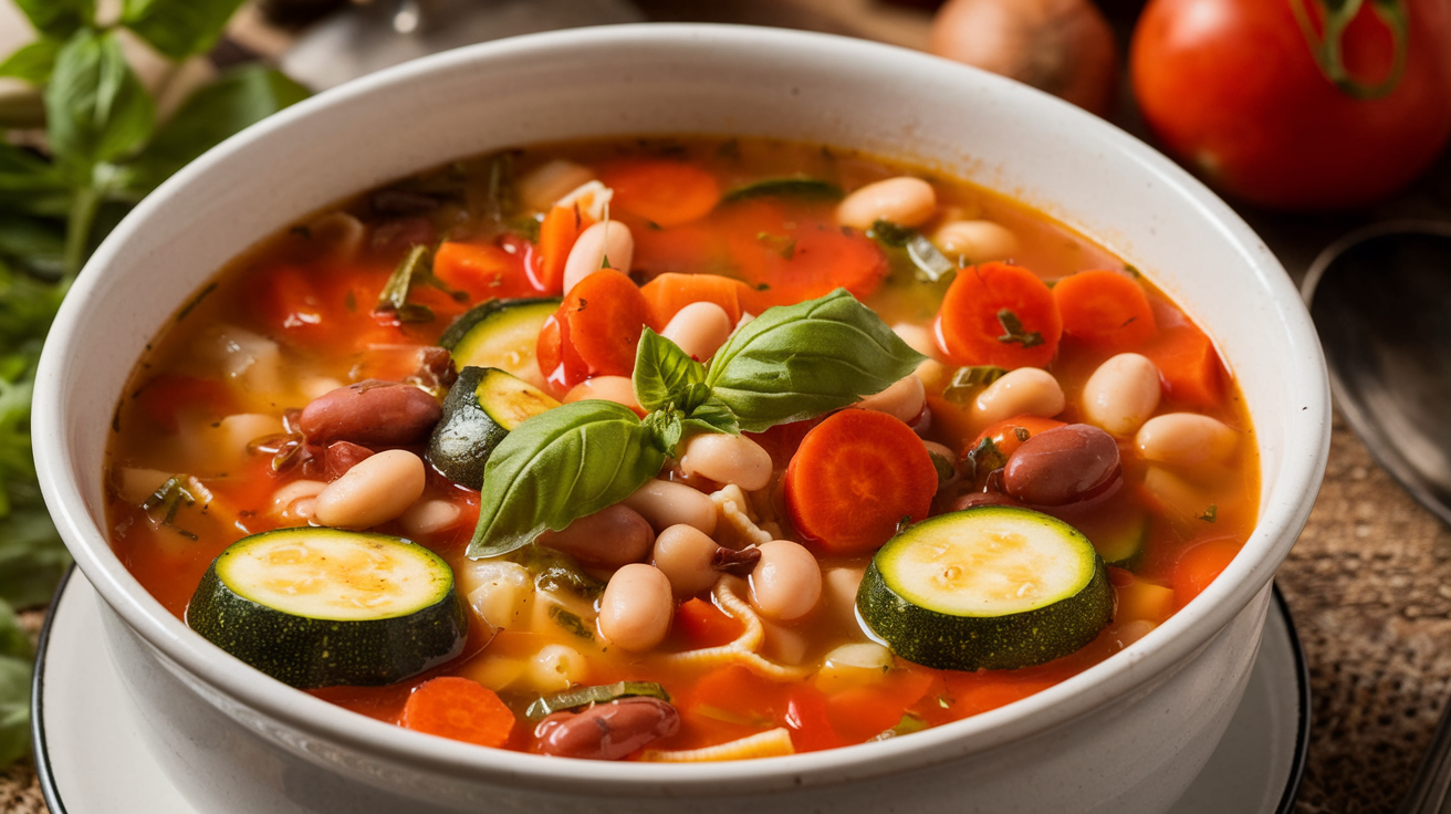 Classic minestrone soup with vegetables, pasta, and beans in a rustic Italian setting