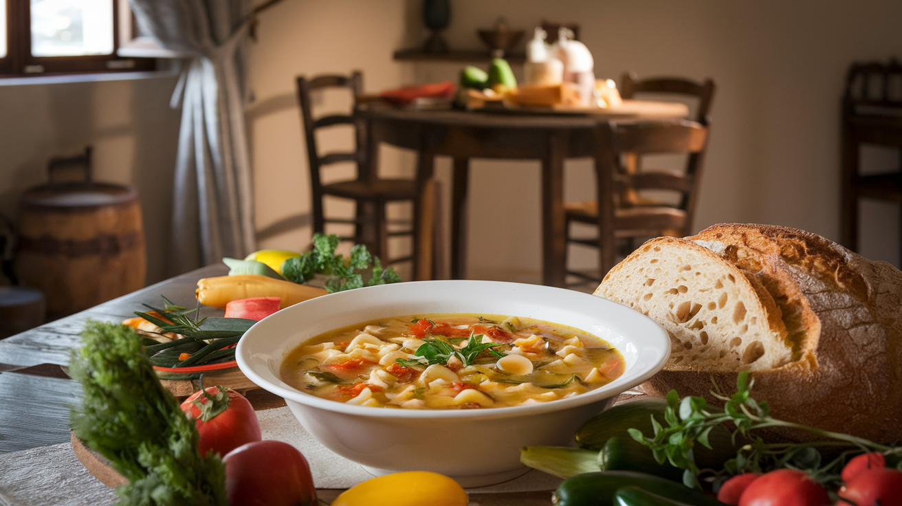 A bowl of Pastina Soup surrounded by vegetables and bread