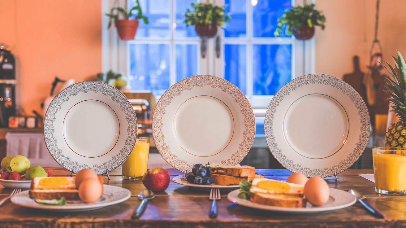 Three plates of different sizes on a wooden table with breakfast items for comparison.