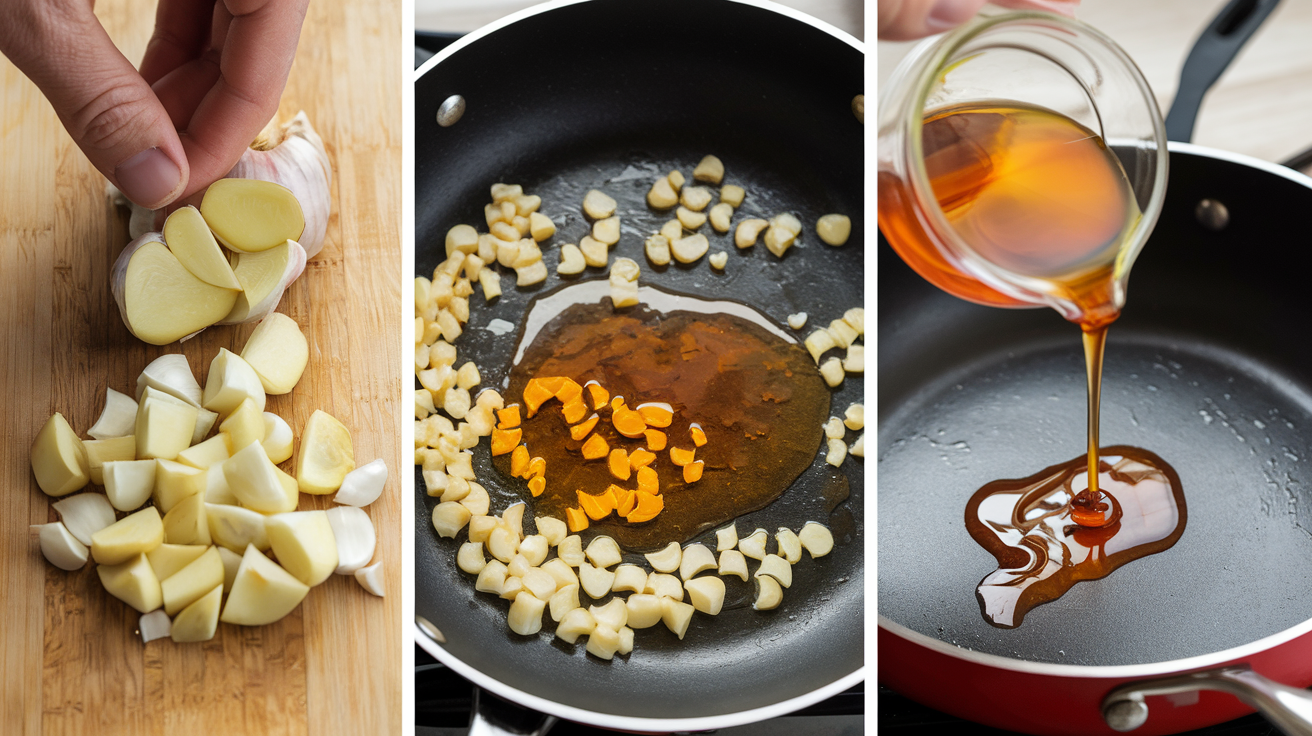 A bowl of golden honey garlic sauce with minced garlic and a honey dipper on a wooden