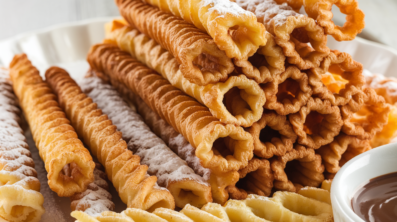 Crispy golden funnel cake sticks dusted with powdered sugar, stacked neatly on a plate beside a bowl of chocolate dipping sauce.