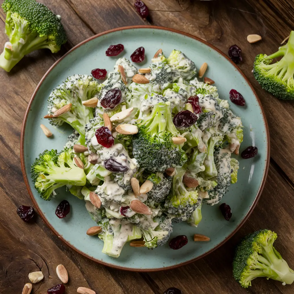  A plate of raw broccoli salad topped with a creamy dressing and garnished with nuts and cranberries.