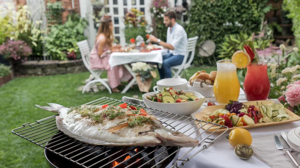 Flatfish prepared for grilling in a picturesque garden setting, surrounded by a table of fresh salads, non-alcoholic drinks, and a romantic couple enjoying a warm atmosphere.