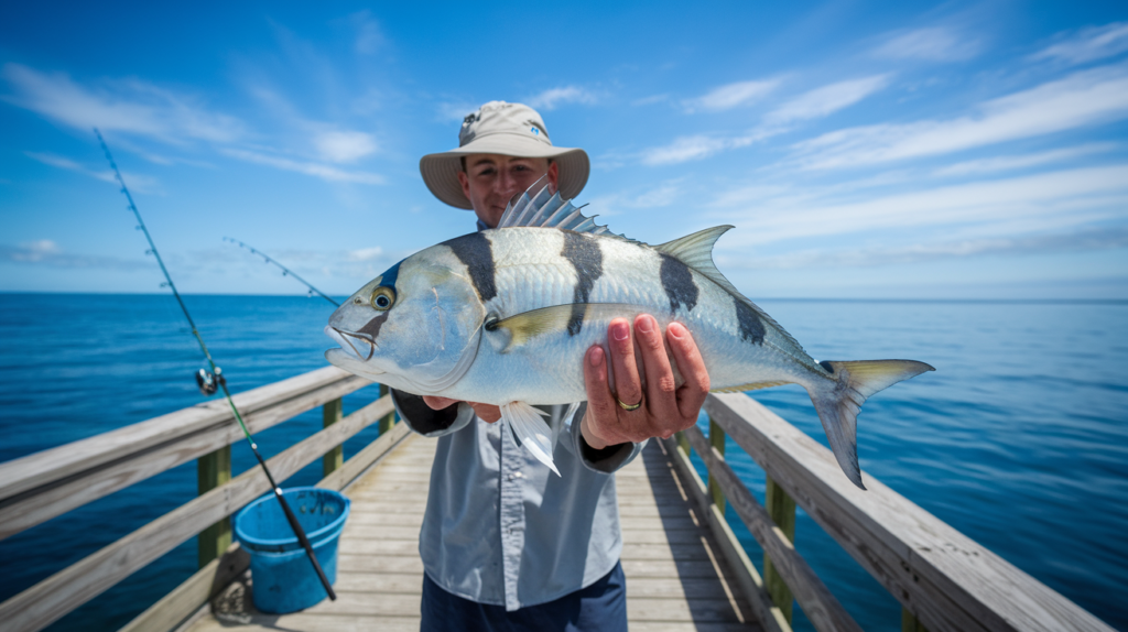 Angler holding a freshly caught fish on a sunny pier with fishing rod and ocean in the background.