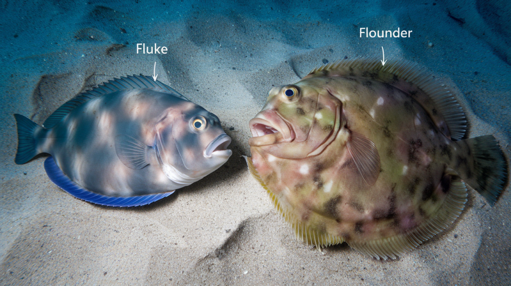 Comparison of fluke and flounder showing differences in body shape and eye placement.