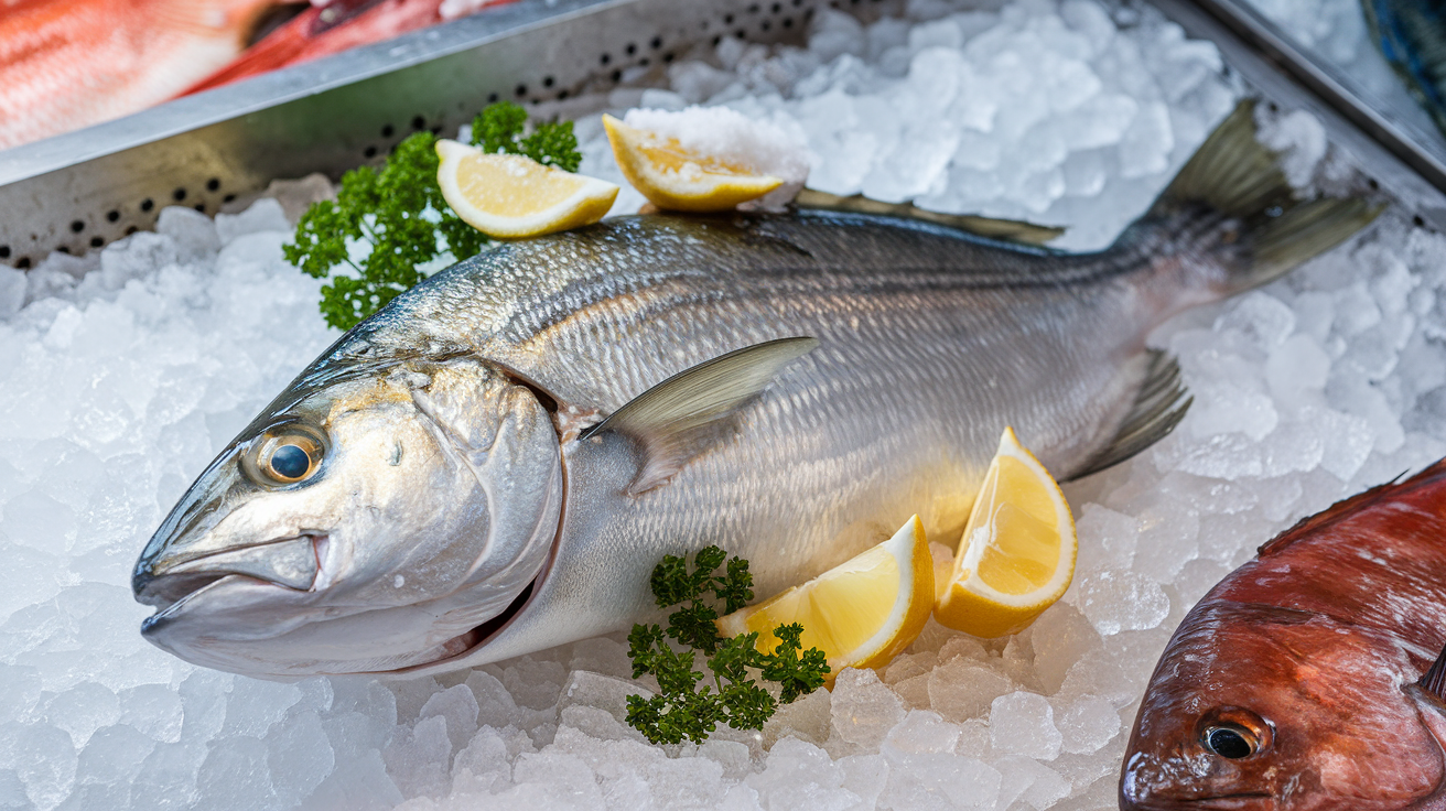 Fresh whole fluke fish on ice with lemon and parsley.