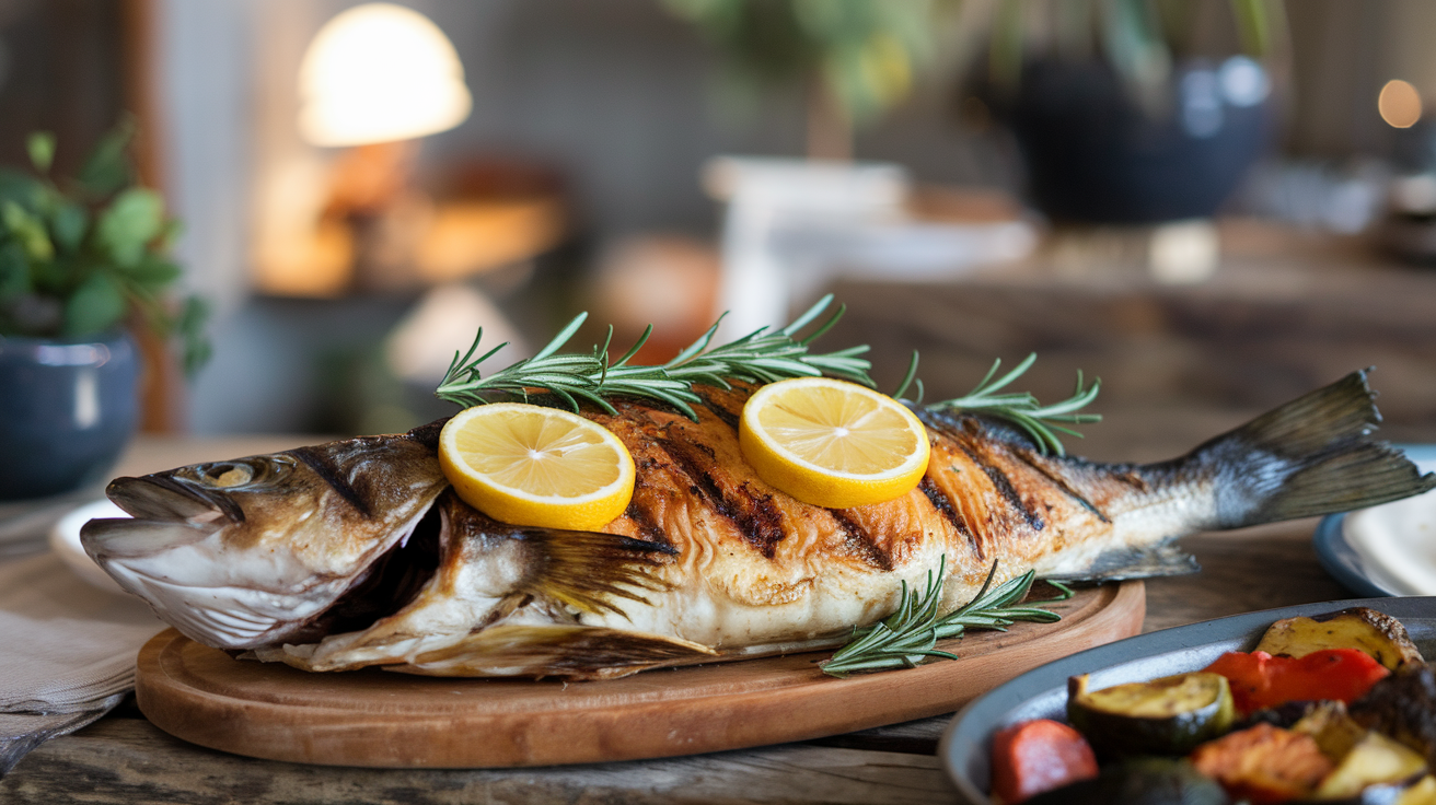 Whole grilled branzino with lemon and roasted vegetables