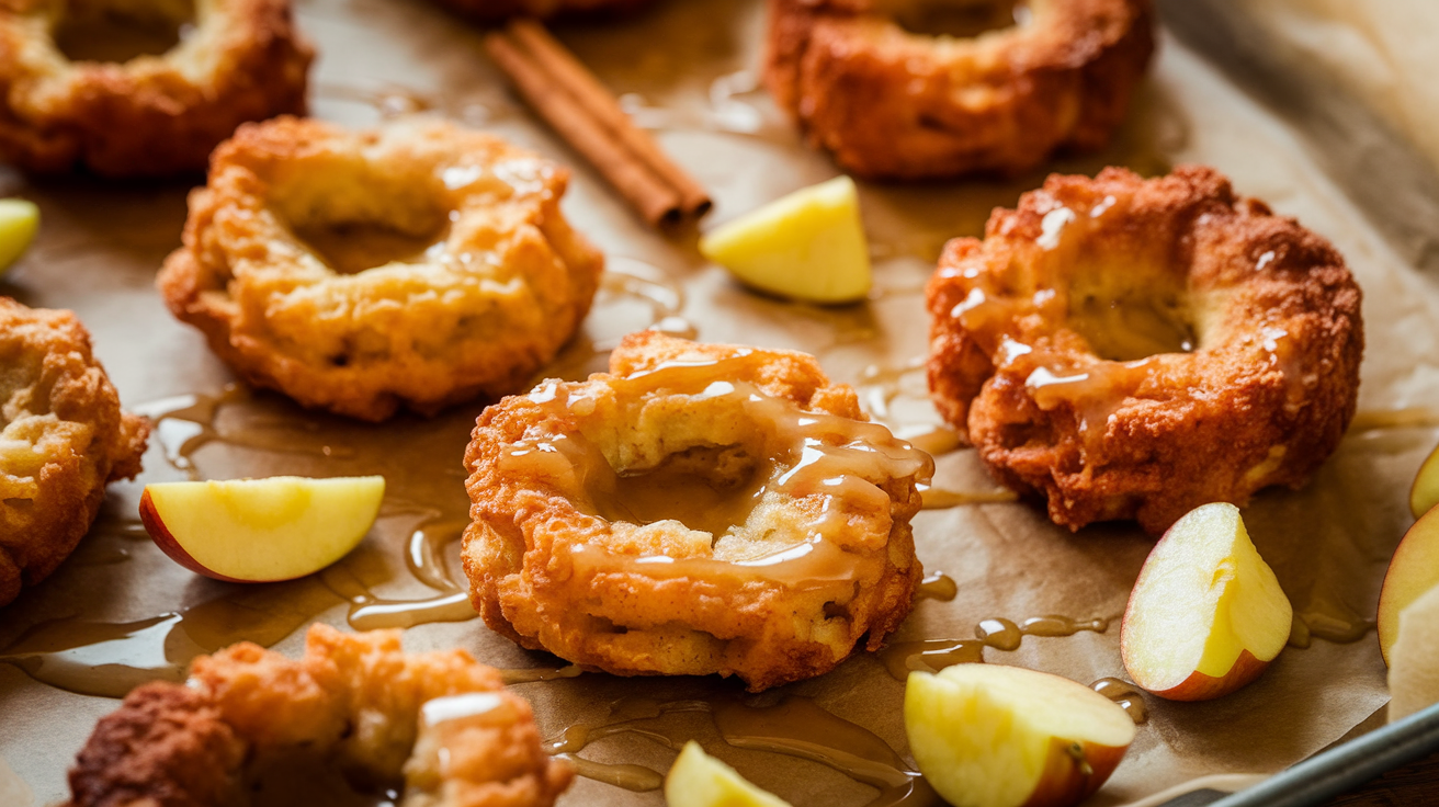 Freshly baked golden-brown apple fritters drizzled with sugar glaze on a parchment-lined tray, surrounded by diced apples and cinnamon sticks.