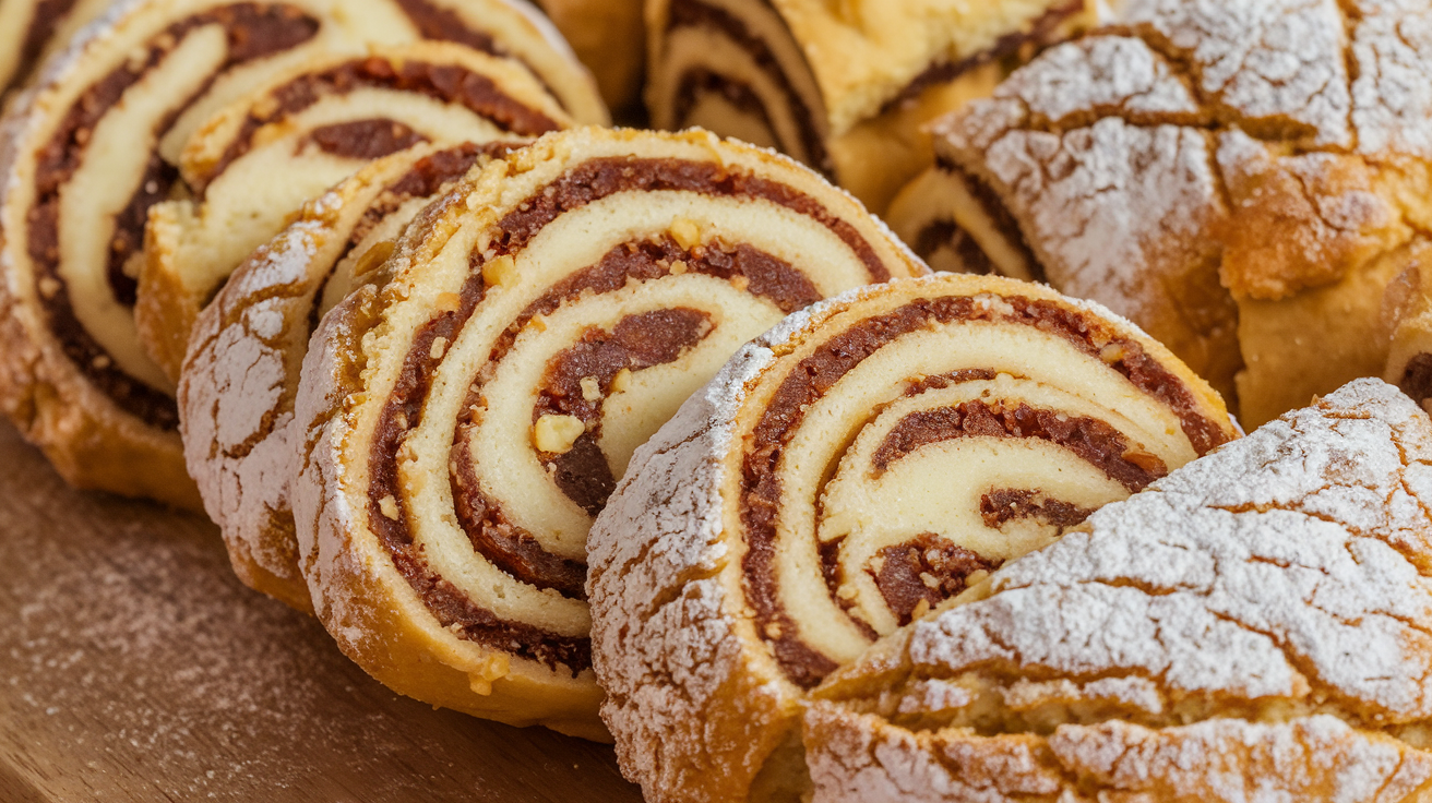 Plate of Italian Nut Roll Cookies on a rustic wooden table.