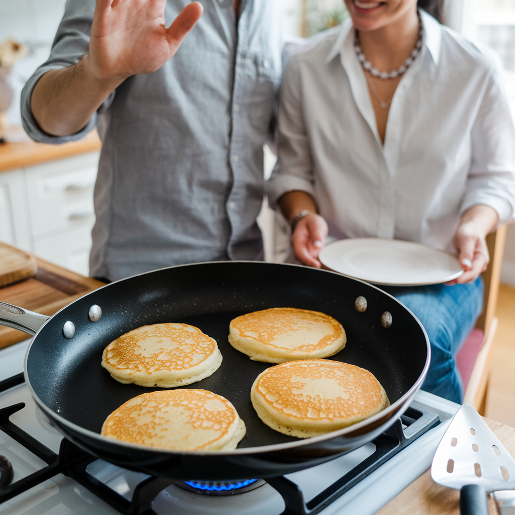 A non-stick pan with golden mini pancakes cooking evenly.