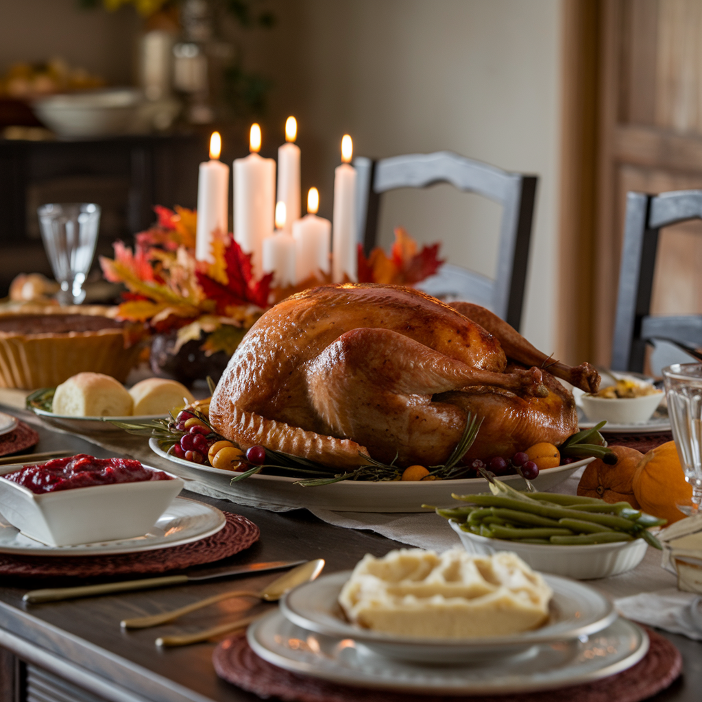 Golden roasted turkey with herb butter, garnished with rosemary and lemon, on a festive Thanksgiving table.